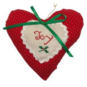 Vintage Cross Stitch Joy Heart Stuffed Christmas Tree Ornament Handmade 3.5"